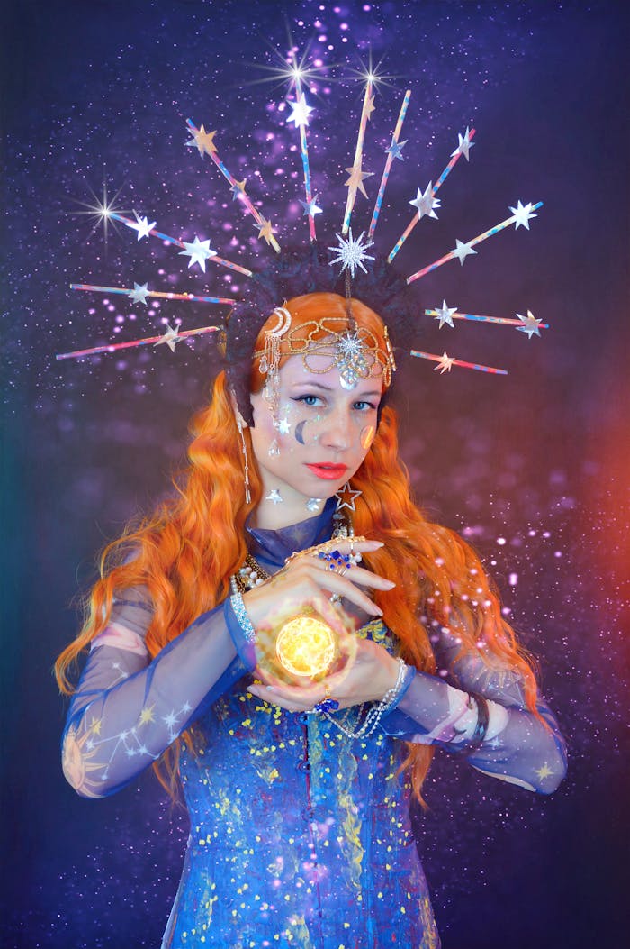 Mystical woman with red hair holding a glowing orb, surrounded by stars.