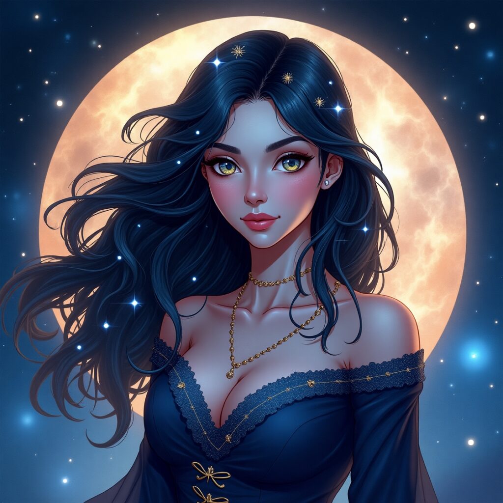 a woman with long black hair and a moon in the background