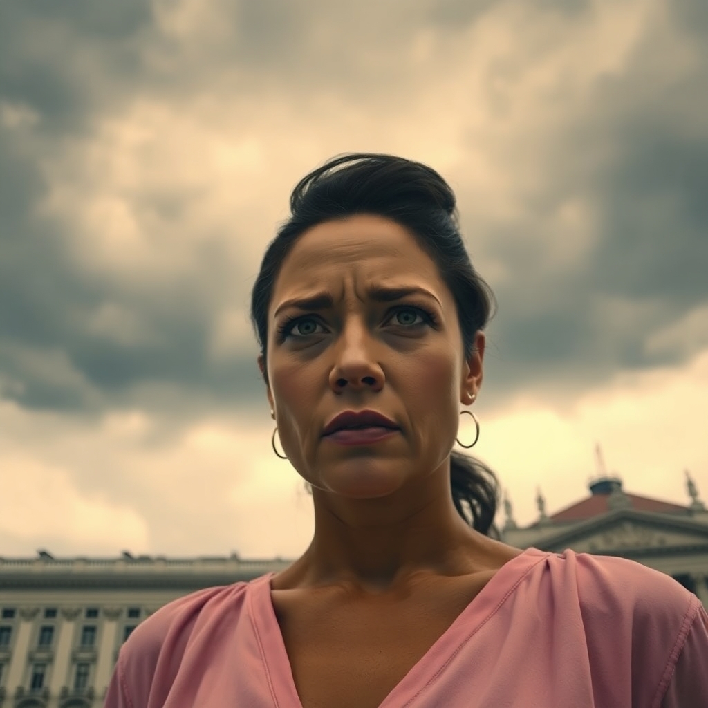 A color photograph depicting a strong woman, tears and resilience in her eyes, against a dramatic stormy sky. Cinematic style, soft focus, sharp architectural lines, detailed structures, wide angle