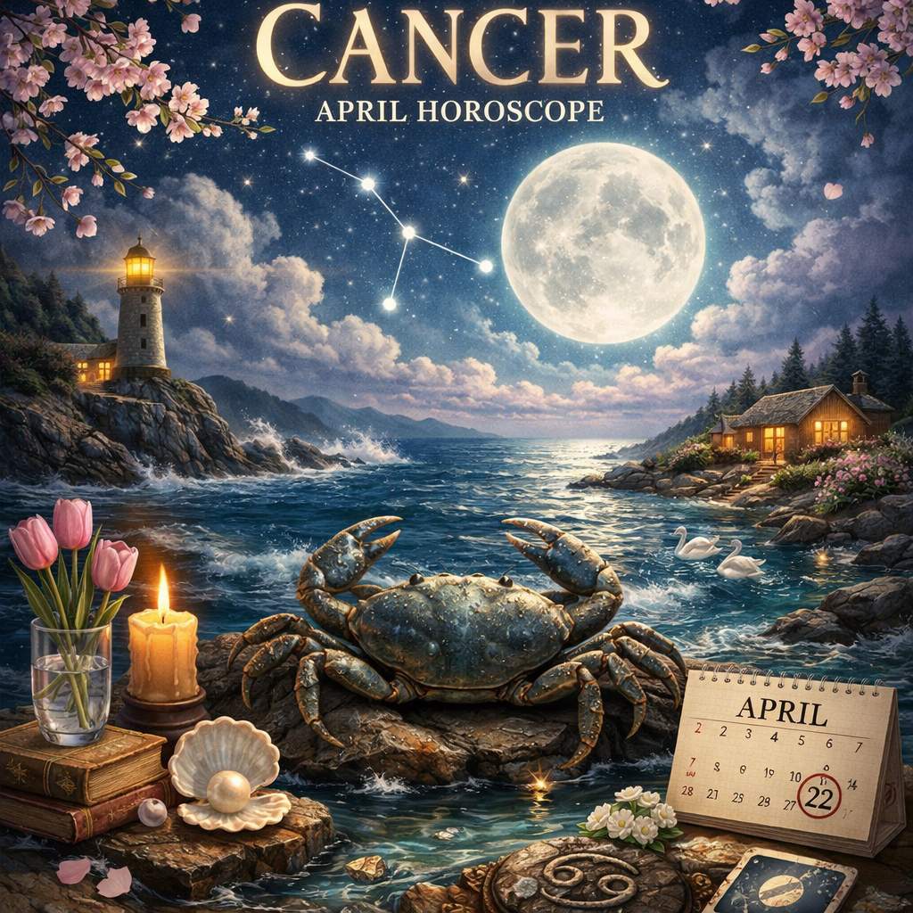 Night coastal scene featuring a crab, full moon, Cancer constellation, April calendar, lighthouse, and flowers